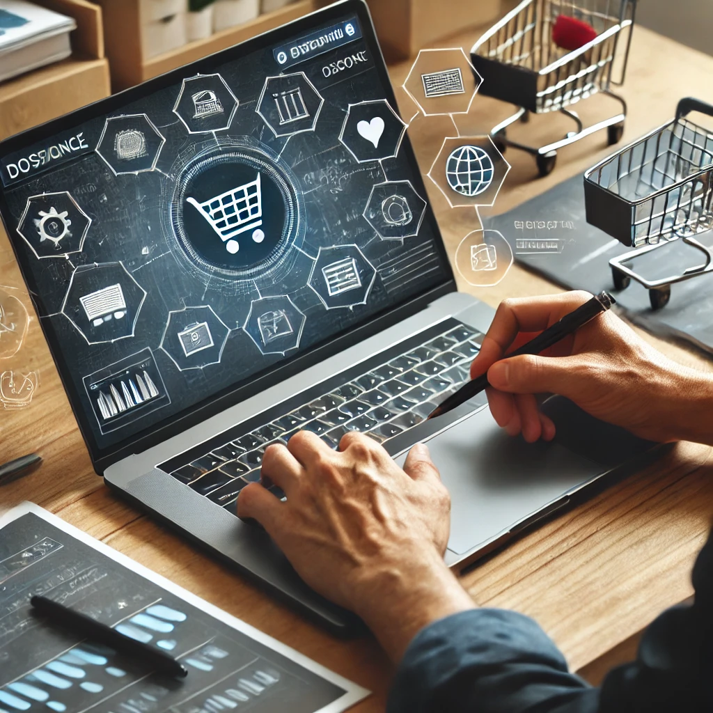 Bir kullanıcı, dizüstü bilgisayarında e-ticaret sitesi arayüzü tasarlarken alışveriş ikonları ve dijital pazarlama grafiklerine odaklanıyor.