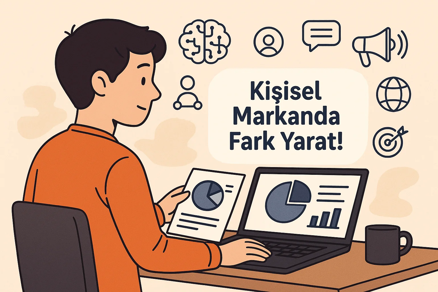 yapay zeka ile marka oluşturma ve kişisel markada fark yaratma, masa başında çalışan kişi, dijital analiz ve grafiklerle marka geliştirme süreci