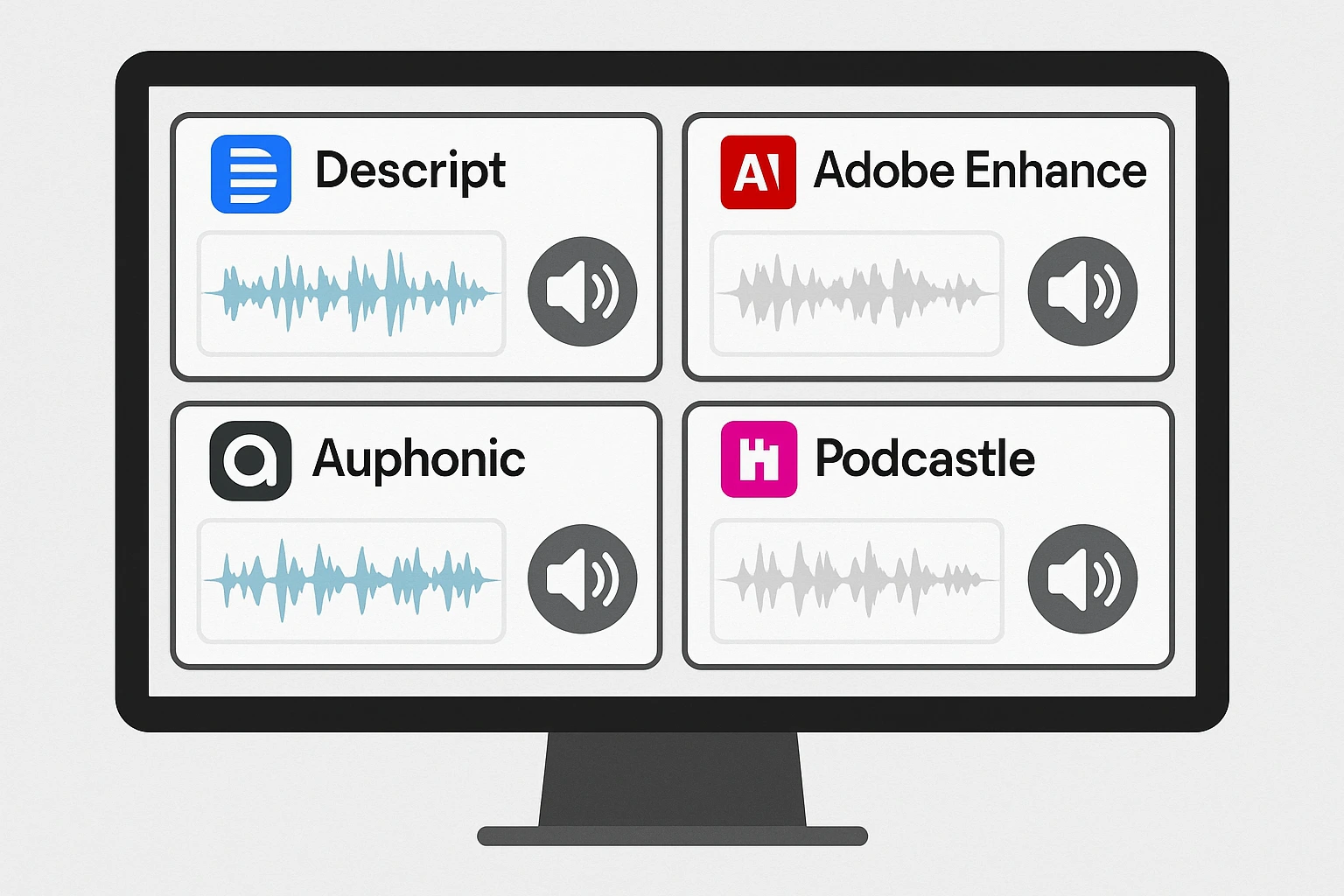 Yapay zeka ile ses temizleme araçları Descript, Adobe Enhance, Auphonic ve Podcastle’ın karşılaştırılması