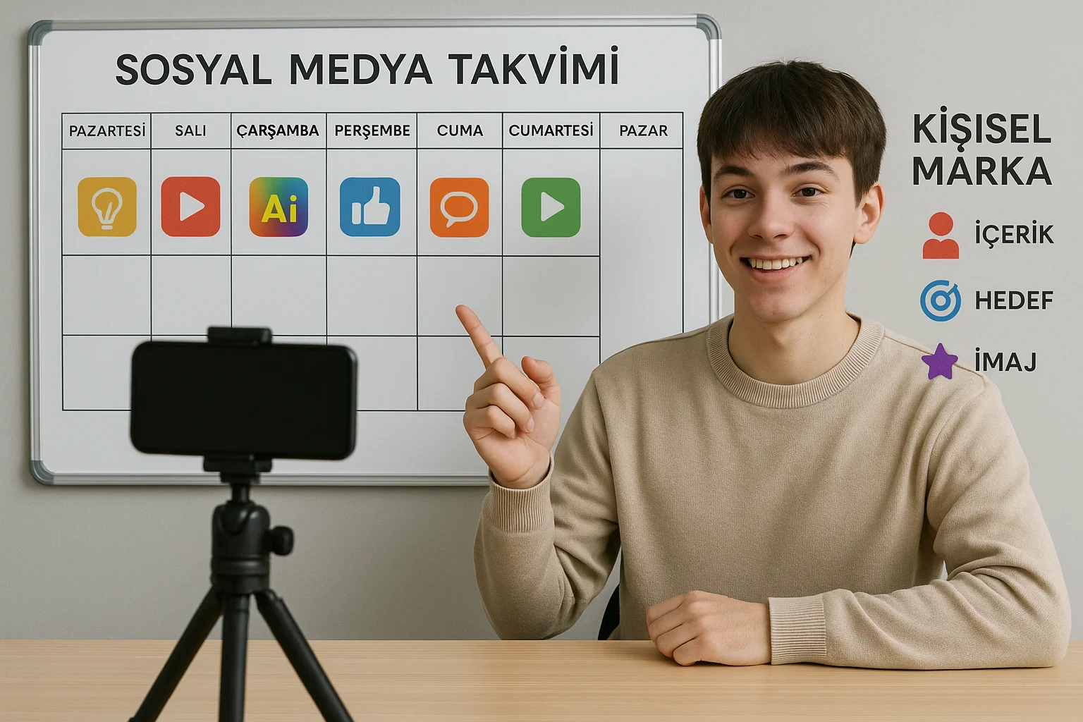 yapay zeka ile marka oluşturma için sosyal medya takvimi hazırlayan genç erkek, içerik, hedef ve imaj odaklı kişisel marka planlaması