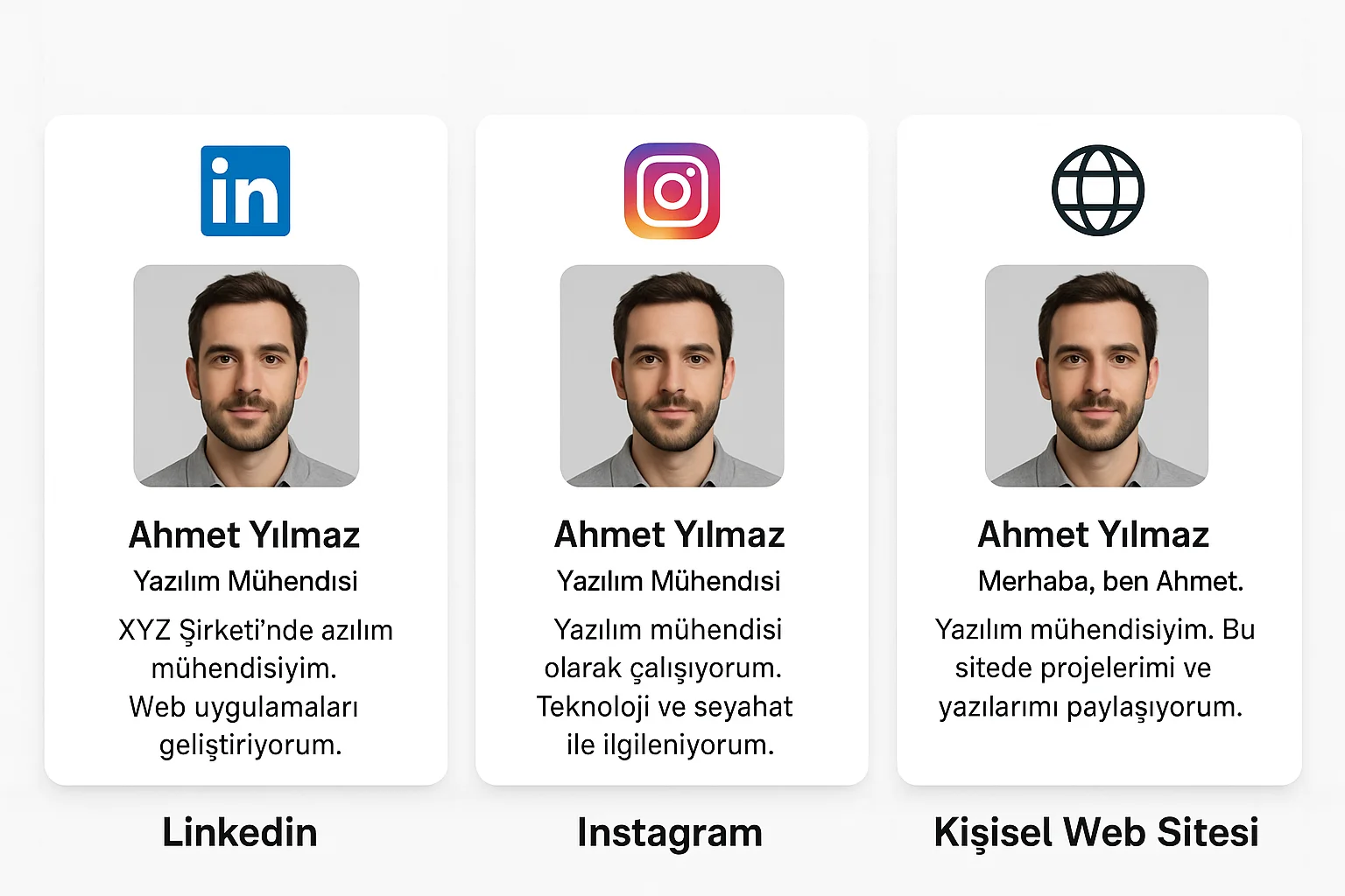 yapay zeka ile marka oluşturma sürecinde LinkedIn, Instagram ve kişisel web sitesi profilleri örneği, Ahmet Yılmaz isimli yazılım mühendisi
