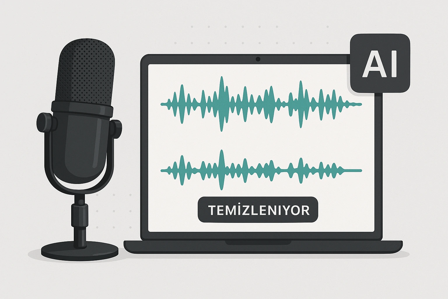 Podcast ve yapay zeka ile ses düzenleme, mikrofon ve ses dalgası görseli