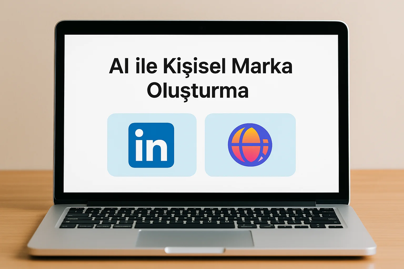 dizüstü bilgisayarda yapay zeka ile marka oluşturma yazısı, LinkedIn ve web sitesi simgeleri, kişisel markanın dijitalde inşası